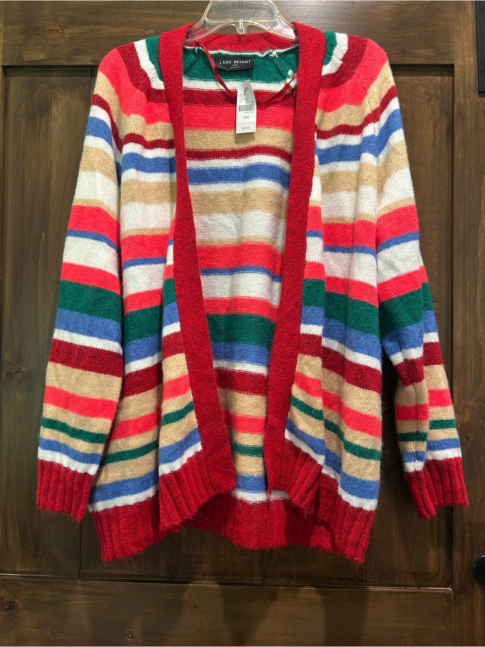 M366 Lane Bryant Red Multi-Stripe Open Front Cardigan Sweater Sz 18/20
